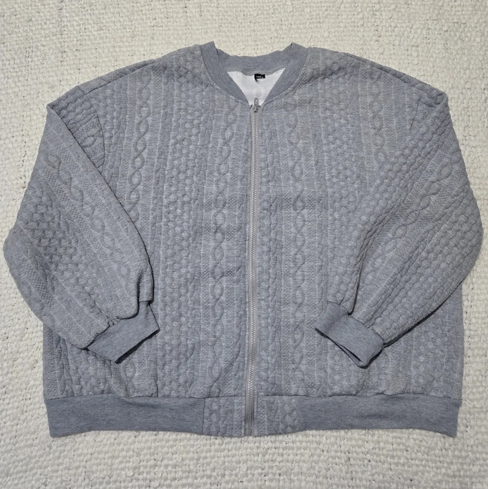 Cozy Gray Textured Zip-Up Sweater Bomber Jacket Size XXL - Picture 13 of 14